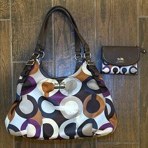 Coach Signature Shoulder Bag & Matching Wallet – Brown/Purple/Gray